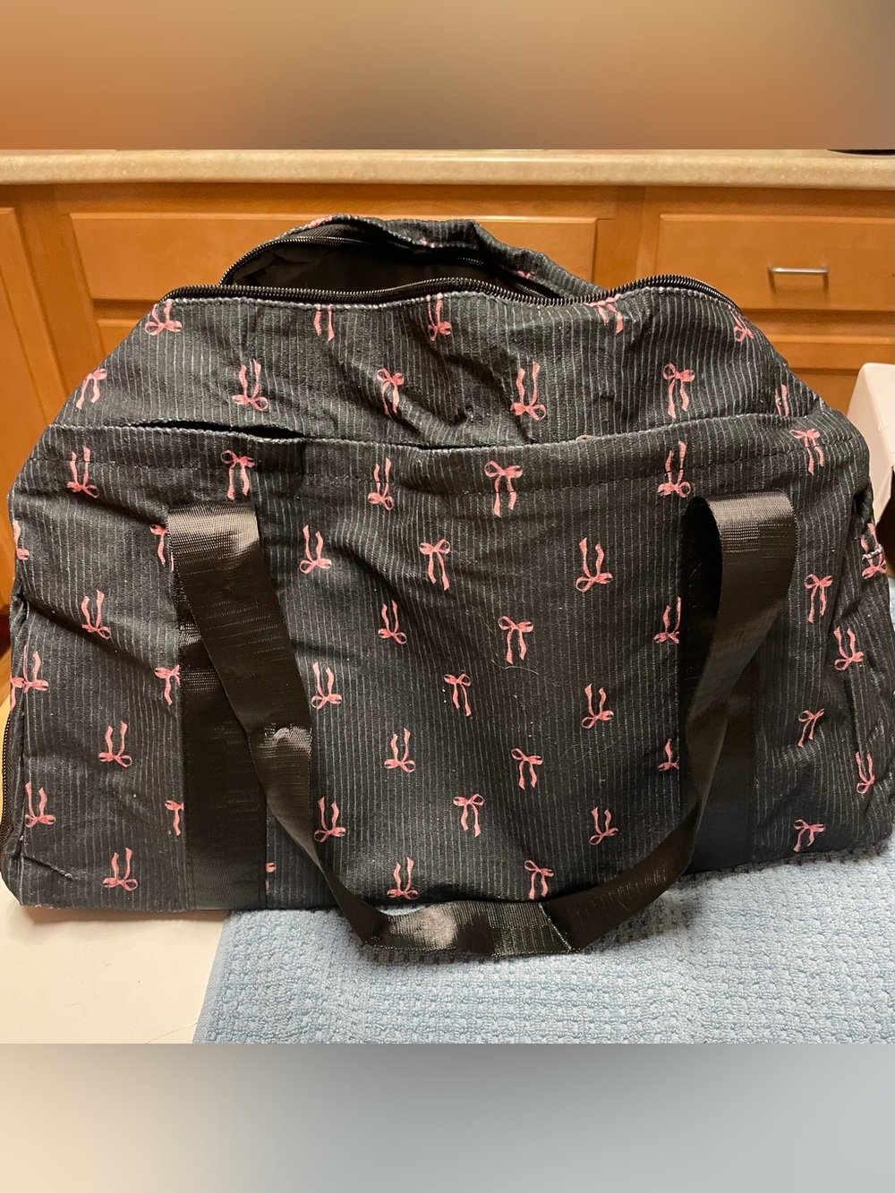 Black Duffel Bag with Pink Bow Print - Womens Bags